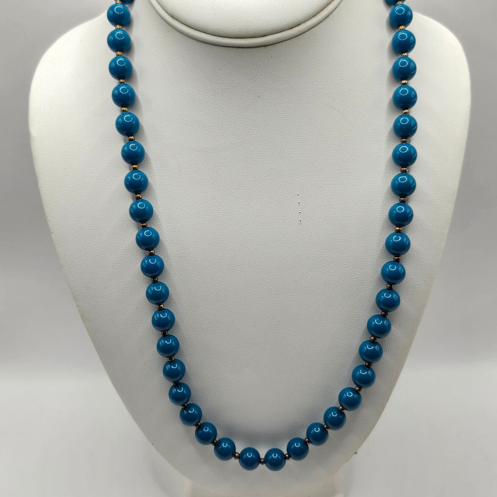 Vintage Teal Blue Beaded Necklace With Gold Tone Spacer Accents And Spring Clasp
